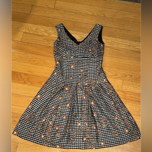Vintage 100% Silk Embroidered Gingham Cottagecore Fit & Flare Dress - Picture 4 of 11